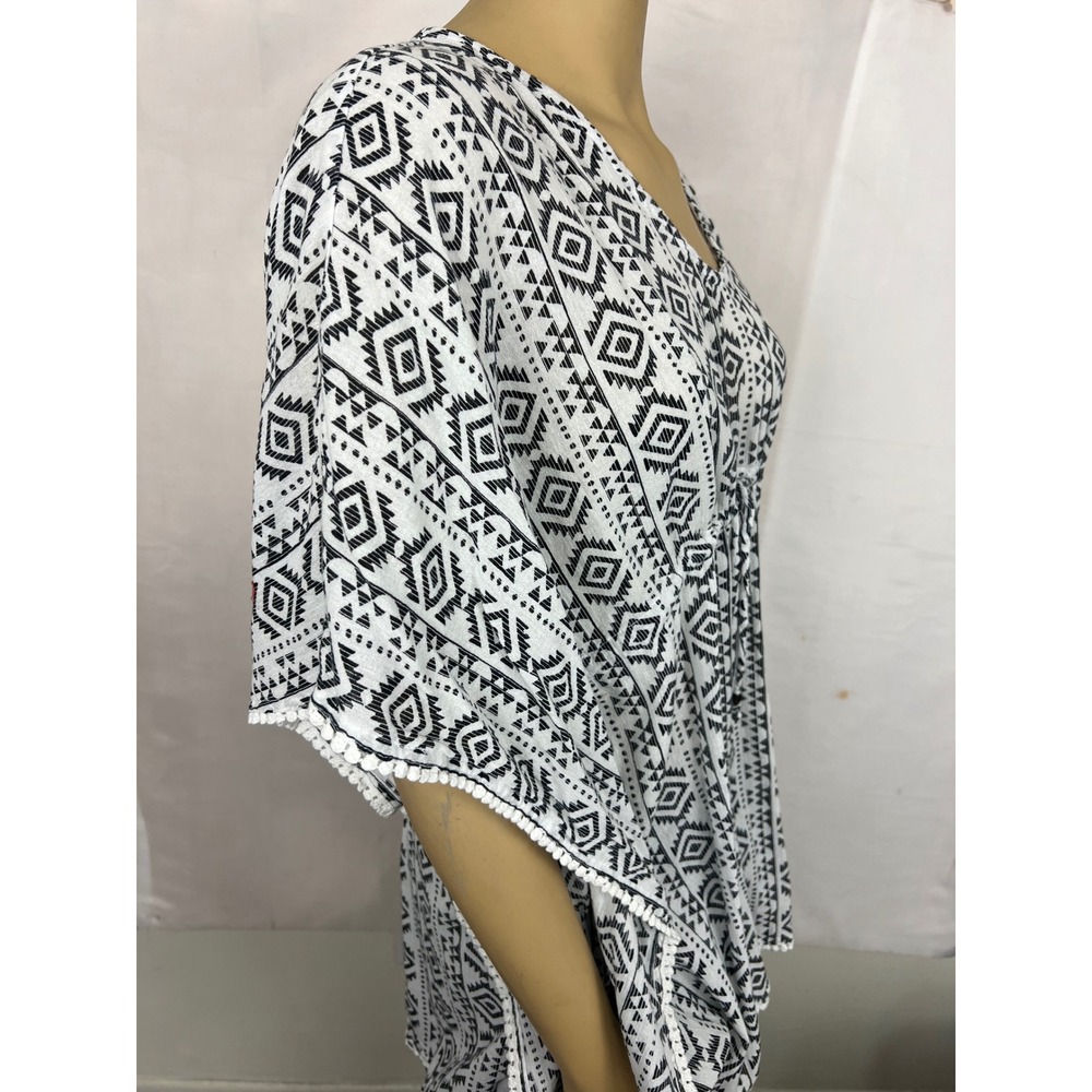 Geometric Tribal Print Kaftan Top Black White Pom Pom Trim Open Back Large - Picture 6 of 7